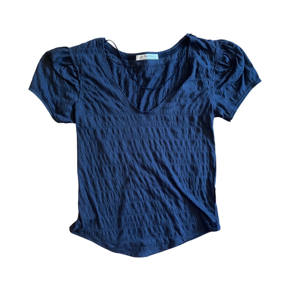 We The Free Free People Black Puckered Textured V-Neck Puff Sleeve Top Large